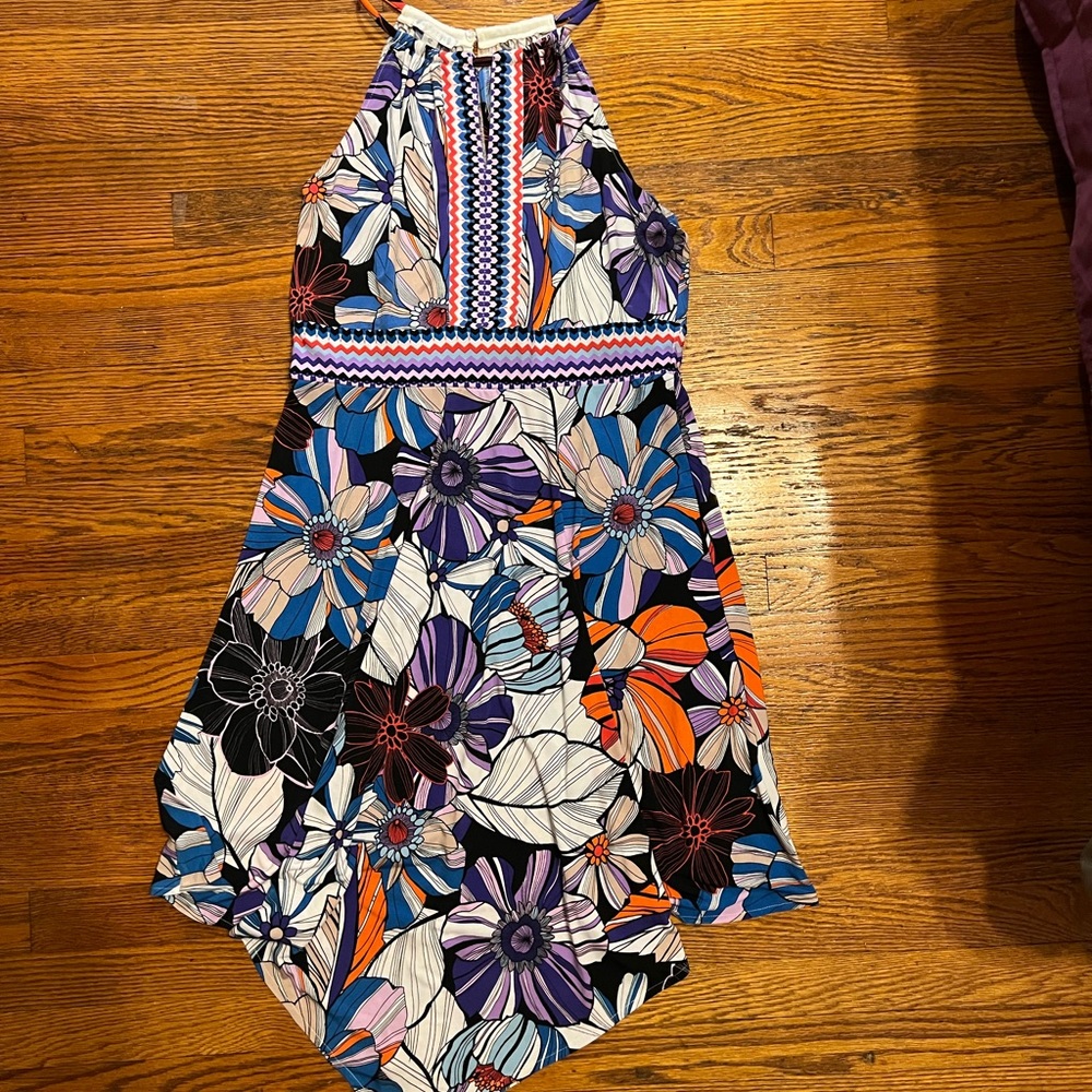 Multi-color retro pattern dress with handkerchief hem; sleeveless